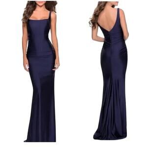 La Femme 28634 Ruched Jersey Straight Square Neck V Back Gown Navy Blue size 12
